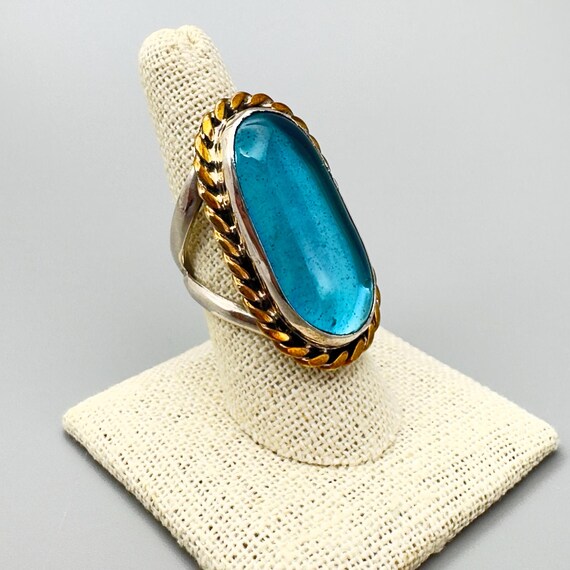 Vintage Handcrafted Statement Ring Long Oval Aqua… - image 1