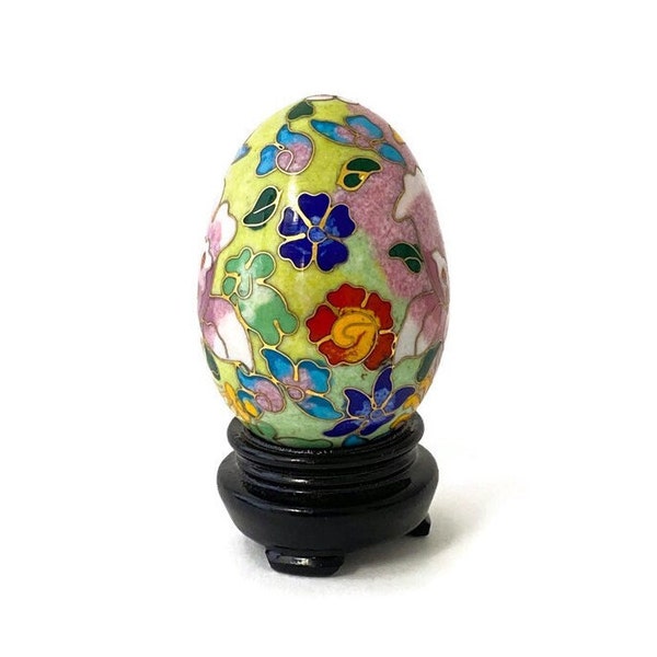 Vintage Spring Green Floral Cloisonné Egg with Wood Stand