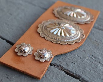 Vintage Silver ARM Conchos Mounted on Leather // Saddle Conchos // Southwestern // Silver Tone // 29296
