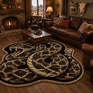 May include: A large, irregularly shaped area rug featuring a detailed, coiled rattlesnake design. The snake has a textured, brown and tan diamond-patterned body with an open mouth showing fangs, set against a solid black background.