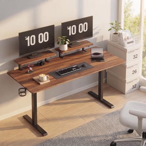 Electric Standing Desk with Memory Controller and Dual Monitor Shelves