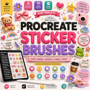 May include: A digital art set for Procreate featuring sticker brushes with icons of a teddy bear, rainbow, camera, and flowers. The text reads Procreate Sticker Brushes, Cute Kawaii Doodles Labels Icons, and includes a tablet displaying the brush menu.