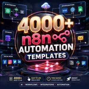 Könnte beinhalten: Eine digitale Grafik mit dem Text 4000+ n8n AUTOMATION TEMPLATES in fetten, leuchtenden Buchstaben. Um den zentralen Text herum befinden sich verschiedene Symbole für KI-Automatisierung, API-Integrationen, Datenbanken und E-Mail-Workflows.