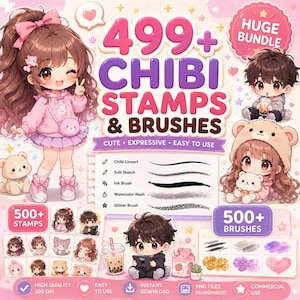 Könnte beinhalten: Ein digitales Kunstpaket mit 499+ Chibi-Stempeln und Pinseln, die Anime-Charaktere, Bären und Katzen zeigen. Der Text lautet 499+ CHIBI STAMPS & BRUSHES, CUTE EXPRESSIVE EASY TO USE, HUGE BUNDLE, 500+ STAMPS und 500+ BRUSHES.