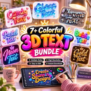 Peut inclure: Un affichage graphique numérique présentant un lot de 7+ textes 3D colorés avec divers styles, dont Candy, Glass, Chrome, Pastel, Bubble, Neon et Gold. Un écran de tablette affiche le texte Create Stunning Designs avec un stylet.