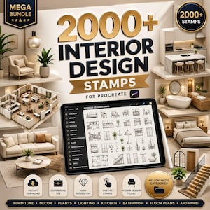 Pode incluir: Um pacote de produtos digitais intitulado 2000+ Interior Design Stamps for Procreate, apresentando um tablet exibindo uma biblioteca de ícones de móveis, iluminação e arquitetura, cercado por imagens renderizadas de salas, cozinhas e quartos.