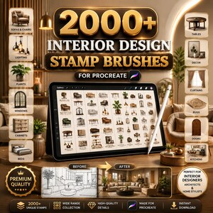 May include: A digital collection of 2000+ interior design stamp brushes for Procreate displayed on a tablet screen. The set includes icons for sofas, chairs, lighting, plants, windows, cabinets, beds, tables, decor, curtains, rugs, doors, and kitchens.