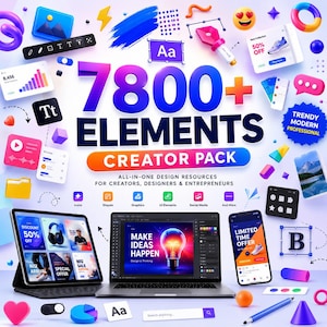 以下が含まれることがあります： 7800+ ELEMENTS CREATOR PACKというテキストが記載されたデジタルデザインリソースパック。カラフルな3Dアイコン、UI要素、グラフィックに囲まれています。タブレット、電球のグラフィックが表示されたノートパソコン、スマートフォンが含まれています。