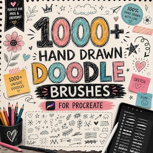 1000+ handritade klotterpenslar för Procreate | Söt skiss- och klotterpenselpaket | Digitala klotterstämplar | Procreate-penselset