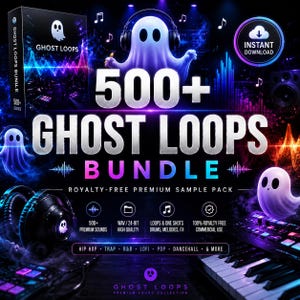 May include: A digital product advertisement for the 500+ Ghost Loops Bundle, a royalty-free premium sample pack. The graphic features white ghost illustrations, black headphones, a keyboard, and text detailing 500+ premium sounds, WAV 24-bit quality, and various music genres including hip hop, trap, and pop.