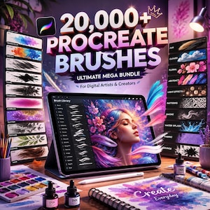 Könnte beinhalten: Ein digitales Kunstpaket mit dem Titel 20,000+ Procreate Brushes Ultimate Mega Bundle for Digital Artists & Creators, das ein Tablet mit einer Pinselbibliothek und einem Porträt sowie vertikale Listen mit Pinselstrichmustern und Tintenflaschen zeigt.