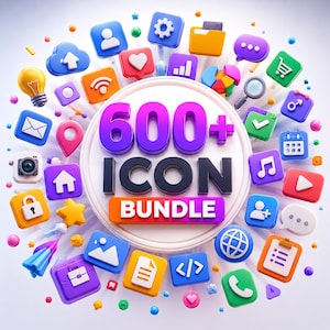 Könnte beinhalten: Ein kreisförmiges weißes Emblem mit dem Text 600+ ICON BUNDLE in fetten violetten und schwarzen Buchstaben, umgeben von einer lebendigen Sammlung von 3D-App-Symbolen, darunter eine Glühbirne, eine Kamera, ein Schloss, eine Wolke und ein Herz.
