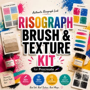 Op de afbeelding: Een digitaal ontwerppakket genaamd Risograph Brush & Texture Kit for Procreate, met kleurrijke inktspatten, voorbeeldkaarten van halftoonpatronen, inktoverlays, papiertexturen, penseelstreken, korreltexturen en twee kleine potjes inkt.