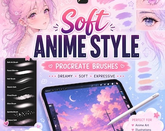 May include: A digital art brush set for Procreate titled Soft Anime Style, featuring a list of brush names, an illustration of a character with pink hair, and a tablet screen displaying a sunset sky with a crescent moon and a stylus pen.