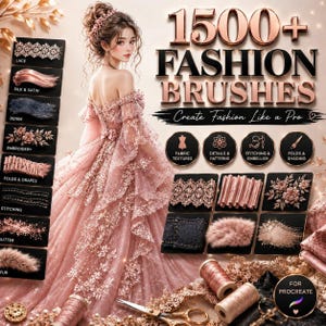May include: A digital collection of 1500+ fashion brushes for Procreate featuring a central illustration of a person in a pink lace gown. The image displays various texture samples including lace, silk, satin, denim, embroidery, and fur.