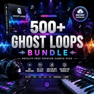 May include: A digital music production bundle titled 500+ GHOST LOOPS BUNDLE, featuring a box graphic, black headphones with a ghost logo, and a MIDI keyboard. The design includes neon blue and purple sound wave graphics and text icons.