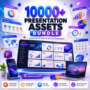 May include: A digital bundle of 10000+ presentation assets featuring infographics, charts, graphs, timelines, maps, and icons. The display includes a large monitor, a laptop, and a smartphone showing business templates, with labels for PowerPoint, Google Slides, and Keynote.