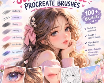 May include: A digital product advertisement for Soft Anime Style Procreate Brushes featuring an illustration of a person with long brown hair and a pink bow. The image displays brush stroke examples, text labels, and five small inset panels showing eyes, hair, shading, line art, and backgrounds.