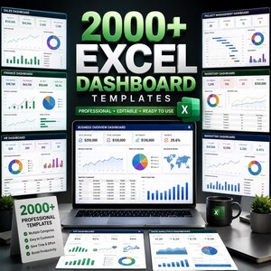 May include: A collection of 2000+ Excel dashboard templates displayed on a laptop screen and multiple surrounding monitors. The digital interface features various business, sales, finance, HR, project, inventory, and marketing data charts.