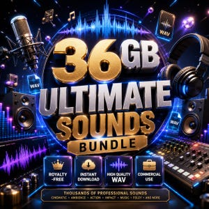 May include: A digital audio product graphic titled 36GB ULTIMATE SOUNDS BUNDLE in gold and silver text. The image features a microphone, headphones, speakers, and a mixing console, with icons for royalty-free, instant download, WAV, and commercial use.