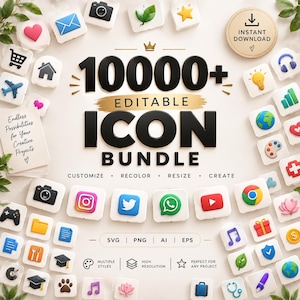Pode incluir: Uma coleção digital de mais de 10000 ícones editáveis com vários símbolos como câmeras, logotipos de redes sociais e ferramentas. O texto diz 10000+ EDITABLE ICON BUNDLE, INSTANT DOWNLOAD e lista os formatos de arquivo SVG, PNG, AI e EPS.
