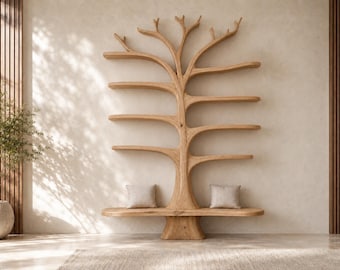 Handmade Tree Bookshelf with Bench Solid Wood Branch Bookcase, Large Custom Wooden Library Shelf, Organic Reading Nook Furniture, Home Decor