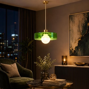Lámpara colgante moderna de cristal verde, ideal para islas de cocina y techos de comedor.