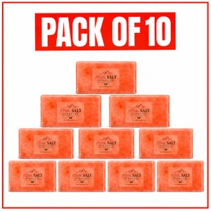 May include: A pack of 10 rectangular Himalayan pink salt bars arranged in a pyramid formation. Each bar features a label with the text PINK SALT HIMALAYA and a mountain graphic. The bars have a translucent orange-pink hue and smooth surfaces.