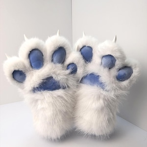 Fursuit Paws Vita Blå Pälsiga Kattklohandskar, Handgjorda Fursuit Handtassar i Anpassad Storlek Färg för Cosplay Pälsdräkt