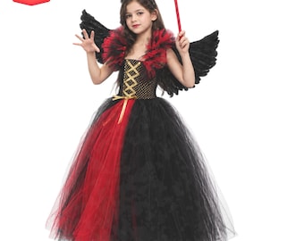 Girls Vampire Halloween Costume, Royal Gothic Vampire Queen Dress, Kids Halloween Tutu Gown with Wings, Devil Princess Costume, gift for her