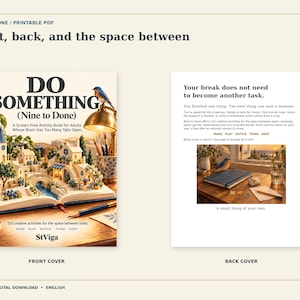 Puede incluir: Un libro de actividades en PDF imprimible titulado Do Something (Nine to Done) con una portada que muestra un pueblo en miniatura 3D sobre un libro abierto y una contraportada con texto y una imagen de un escritorio con cuaderno, bol&iacute;grafo y ave azul.