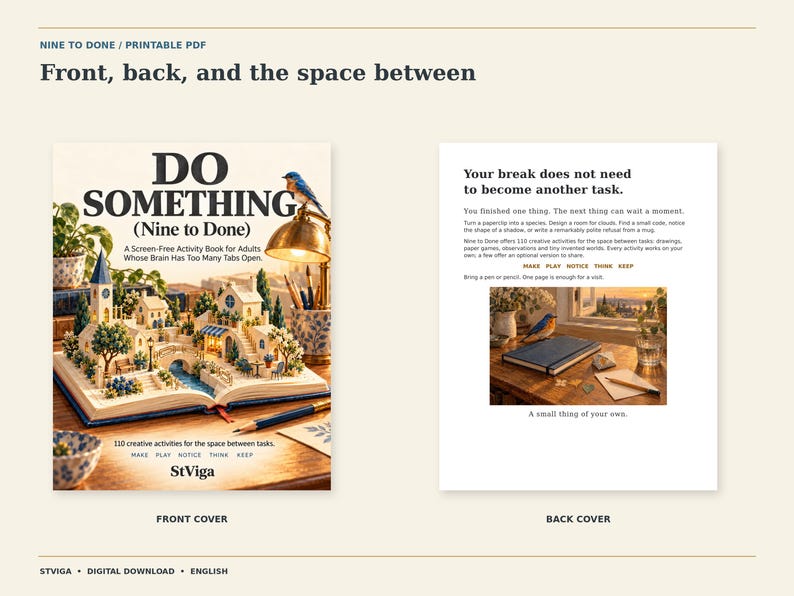 Puede incluir: Un libro de actividades en PDF imprimible titulado Do Something (Nine to Done) con una portada que muestra un pueblo en miniatura 3D sobre un libro abierto y una contraportada con texto y una imagen de un escritorio con cuaderno, bol&iacute;grafo y ave azul.