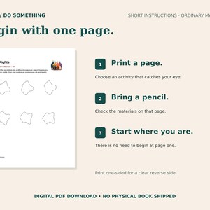 Peut inclure: Une page d'activit&eacute; num&eacute;rique intitul&eacute;e Blob Rights pr&eacute;sentant six formes irr&eacute;guli&egrave;res &agrave; dessiner. Le texte inclut les instructions : Print a page, Bring a pencil, et Start where you are. L'en-t&ecirc;te du document indique StViga / DO SOMETHING.