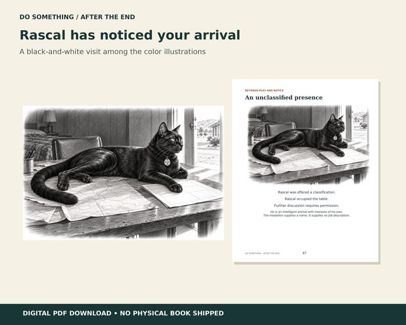 May include: A digital PDF page featuring a black-and-white illustration of a cat lying on a table with papers. The text reads: DO SOMETHING / AFTER THE END, Rascal has noticed your arrival, A black-and-white visit among the color illustrations.