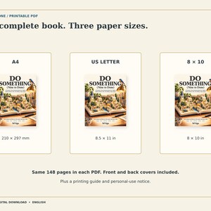 Puede incluir: Un producto de descarga digital que muestra un libro titulado Do Something (Nine to Done) en tres tama&ntilde;os de papel: A4 (210 x 297 mm), US Letter (8.5 x 11 pulgadas) y 8 x 10 (8 x 10 pulgadas). El texto indica 148 p&aacute;ginas, portadas incluidas.