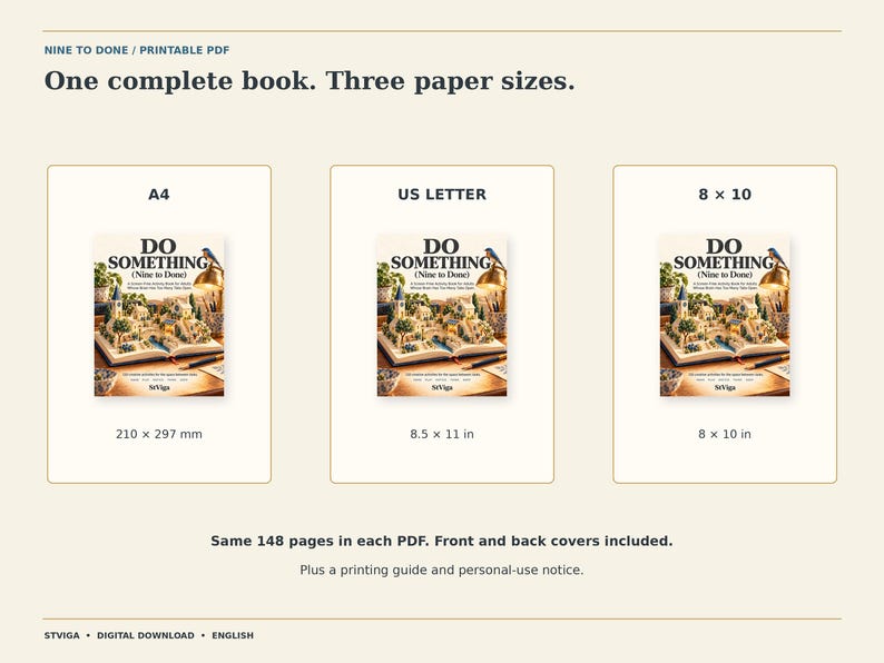 Puede incluir: Un producto de descarga digital que muestra un libro titulado Do Something (Nine to Done) en tres tama&ntilde;os de papel: A4 (210 x 297 mm), US Letter (8.5 x 11 pulgadas) y 8 x 10 (8 x 10 pulgadas). El texto indica 148 p&aacute;ginas, portadas incluidas.