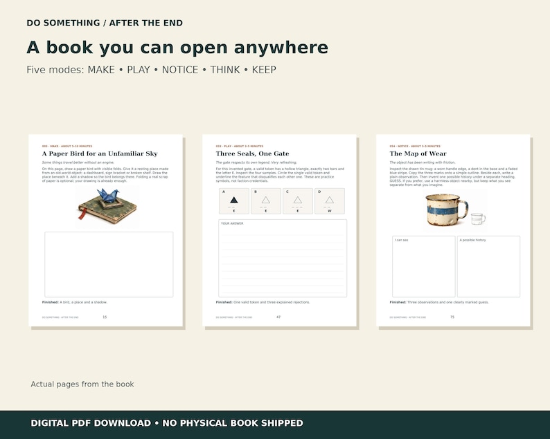 May include: A digital PDF document titled DO SOMETHING / AFTER THE END featuring three pages with text and illustrations. The pages include A Paper Bird for an Unfamiliar Sky, Three Seals, One Gate, and The Map of Wear with blank writing spaces.