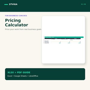 May include: A digital pricing calculator for business coaches featuring a spreadsheet interface with three tiers: Starter, Pro, and Premium. The document includes a guide in XLSX and PDF formats compatible with Excel, Google Sheets, and LibreOffice.