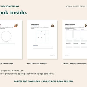 Peut inclure: Trois pages d'activit&eacute;s blanches du livre StViga DO SOMETHING. Les pages pr&eacute;sentent des t&acirc;ches intitul&eacute;es Worst Logo, Pocket Sudoku et Useless Inventions. Chaque page comprend du texte noir, une petite illustration et des espaces vides.