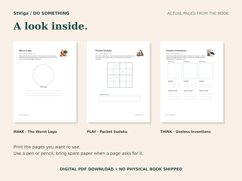 Peut inclure: Trois pages d'activit&eacute;s blanches du livre StViga DO SOMETHING. Les pages pr&eacute;sentent des t&acirc;ches intitul&eacute;es Worst Logo, Pocket Sudoku et Useless Inventions. Chaque page comprend du texte noir, une petite illustration et des espaces vides.