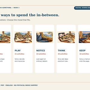 May include: A digital PDF download titled STVIGA DO SOMETHING BOOK 3, featuring five activity categories: MAKE, PLAY, NOTICE, THINK, and KEEP. Each section includes a descriptive illustration, activity count, and a brief instructional phrase.