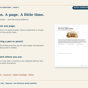 May include: A digital PDF activity page titled STVIGA DO SOMETHING BOOK 3. The page features instructions for an activity called The Tray Table Gallery, including numbered steps, text prompts, and a small image of framed artwork on a wooden tray.