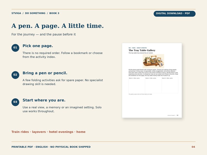 May include: A digital PDF activity page titled STVIGA DO SOMETHING BOOK 3. The page features instructions for an activity called The Tray Table Gallery, including numbered steps, text prompts, and a small image of framed artwork on a wooden tray.