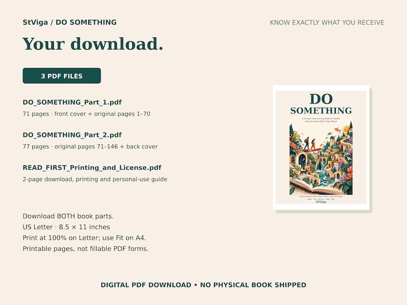 Peut inclure: Une fiche d'information de t&eacute;l&eacute;chargement num&eacute;rique pour un livre intitul&eacute; DO SOMETHING. Elle liste trois fichiers PDF : Partie 1 avec 71 pages, Partie 2 avec 77 pages et un guide d'impression de 2 pages. Le document indique des pages imprimables.