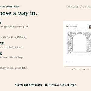 Peut inclure: Une page PDF num&eacute;rique intitul&eacute;e Open the Window pr&eacute;sentant un dessin au trait noir et blanc d'une fen&ecirc;tre arqu&eacute;e orn&eacute;e avec des volets ouverts. Le texte &eacute;num&egrave;re cinq modes : Make, Play, Notice, Think et Keep, avec des instructions pour chaque activit&eacute;.