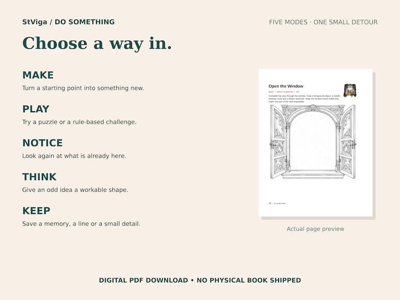 Peut inclure: Une page PDF num&eacute;rique intitul&eacute;e Open the Window pr&eacute;sentant un dessin au trait noir et blanc d'une fen&ecirc;tre arqu&eacute;e orn&eacute;e avec des volets ouverts. Le texte &eacute;num&egrave;re cinq modes : Make, Play, Notice, Think et Keep, avec des instructions pour chaque activit&eacute;.