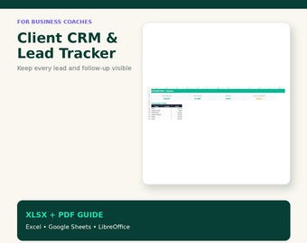 Hoja de cálculo CRM para clientes de Business Coach: Seguimiento de clientes potenciales y seguimiento de clientes.