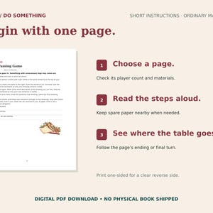 May include: A digital instructional page titled StViga DO SOMETHING Begin with one page. It features a game guide for The Passing Game with three numbered steps: Choose a page, Read the steps aloud, and See where the table goes, on a cream background.