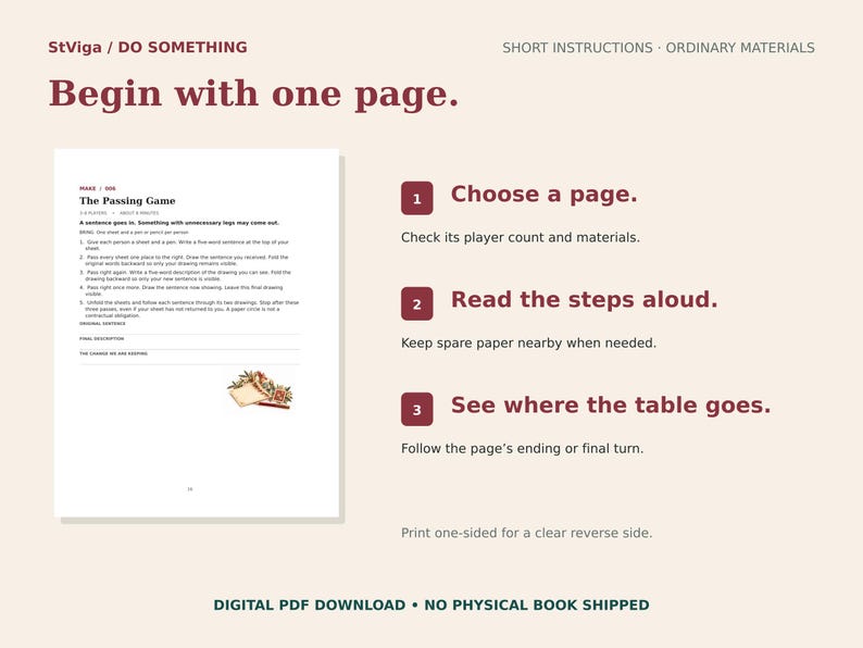 May include: A digital instructional page titled StViga DO SOMETHING Begin with one page. It features a game guide for The Passing Game with three numbered steps: Choose a page, Read the steps aloud, and See where the table goes, on a cream background.