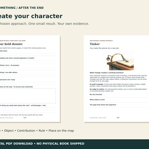 May include: Two pages from a workbook titled DO SOMETHING / AFTER THE END. The left page is a field dossier with lines for personal rules and a map. The right page titled Tinker features a small image of a brass desk lamp and text prompts.